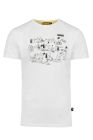 Front picture of a nature white short t-shirt with black anniversary themed print on the chest.