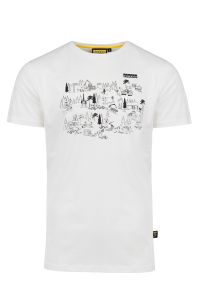 Front picture of a nature white short t-shirt with black anniversary themed print on the chest.