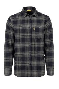 Black and gray checkered button shirt from front. A chest pocket on left with Ponsse label.