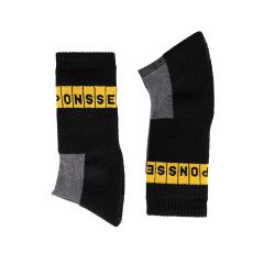 Black and gray pair of socks with yellow logo.