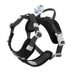 Black harness for dogs. Light gray buckles, dark gray cords. Reflective details.